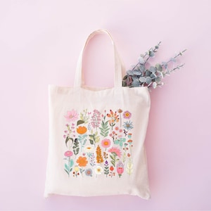 Flowers Tote Bag, Floral Cotton Shopper Bag, Botanical Print, Flower Bag, Floral Canvas Tote Bag, Shopping Bag, Mother&#39;s Day Gift