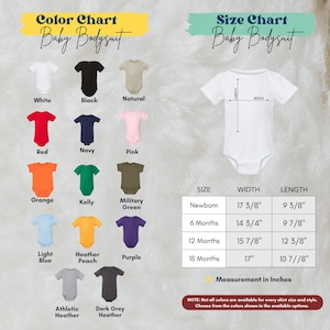 The image is a color chart and size chart for baby bodysuits, displaying various color options and corresponding measurements for different age groups.