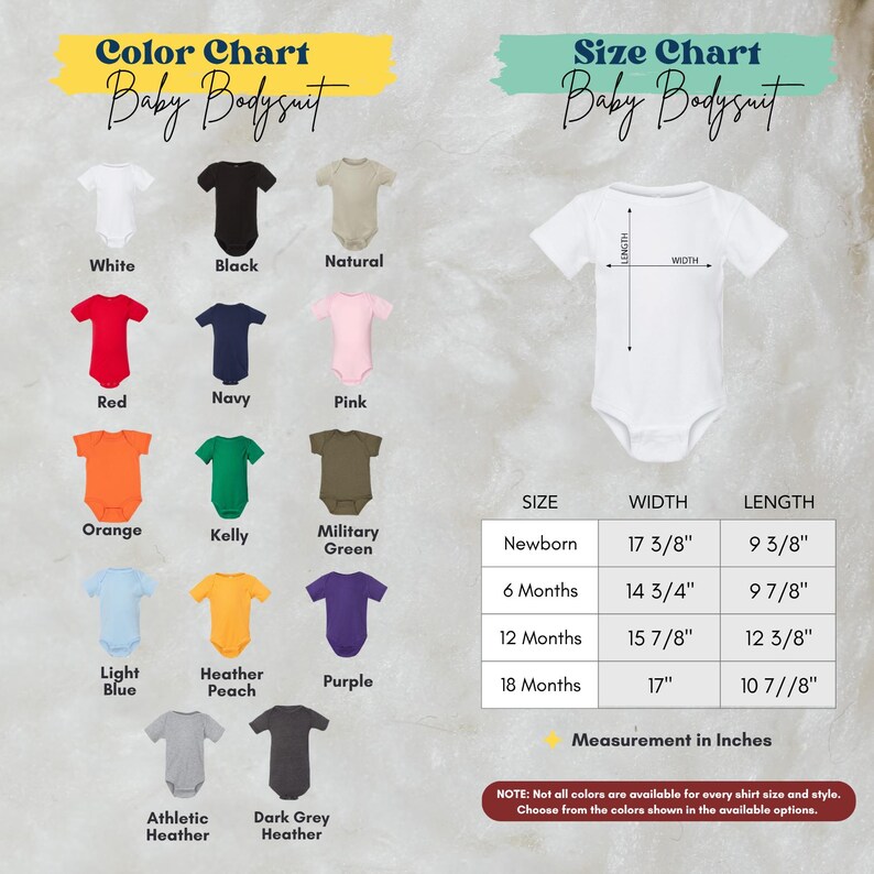 The image is a color chart and size chart for baby bodysuits, displaying various color options and corresponding measurements for different age groups.