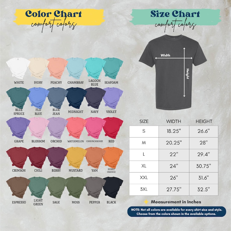 The image is a color chart and size chart for a t-shirt, displaying various color options and corresponding measurements for different shirt sizes.
