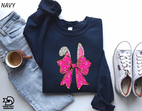Coquette Bow Bunny Ears Sweatshirt, Happy Easter Day Gift, Cute Bunny Sweatshirt, Easter Bunny Shirt, Coquette Bow Hoodie, Gift For Easter