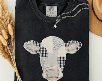 Faux Patchwork Cow T-Shirt, Farm Animal Head Tee, Cow Lover Gift, Farmer Shirt, Cottagecore Farmhouse Comfort Colors T-Shirt