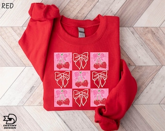 Coquette Cherry and Bow Sweatshirt, Cherry Sweatshirt, Cherry Coquette Shirt, Cute Ribbon Shirt, Soft Girl Era Shirt, Cherry Heart Shirt