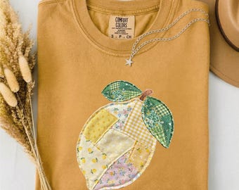 Faux Patchwork Lemon Shirt, Summer T-Shirt, Lemon Graphic Tee, Citrus Shirt, Vintage Quilt Lemon Tee, Comfort Colors T-Shirt