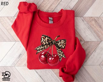 Coquette Cherry Leopard Bow Sweatshirt, Cherry Mom Hoodie, Cherry Lover Shirt, Girly T-shirt, Gift for Her, Women Coquette Bow Sweater