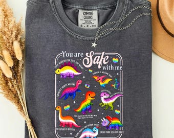 You Are Safe With Me Comfort Colors Shirt, Colorful Dinosaur Graphic Tee, Cute Retro Animal Top, Friendship Gift Shirt for Kids