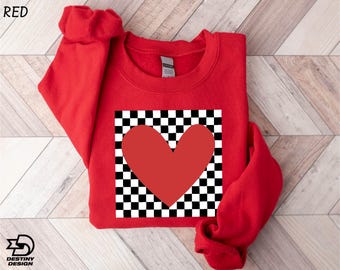 Checkered Heart Sweatshirt, Valentine's Day Sweatshirt, Cute Love Hoodie, Gift for Her, Red Heart Shirt, Valentine's Day Gift, Women's Tee