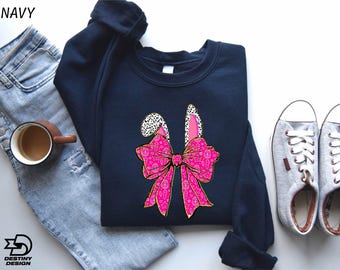 Coquette Bow Bunny Ears Sweatshirt, Happy Easter Day Gift, Cute Bunny Sweatshirt, Easter Bunny Shirt, Coquette Bow Hoodie, Gift For Easter