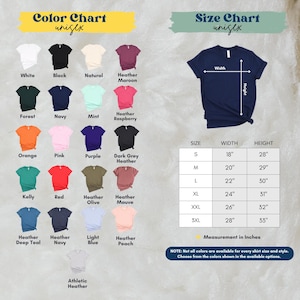 The image is a color chart and size chart for a variety of t-shirt designs, including different colors and sizes. The chart provides a visual representation of the available color options and corresponding measurements for each design.