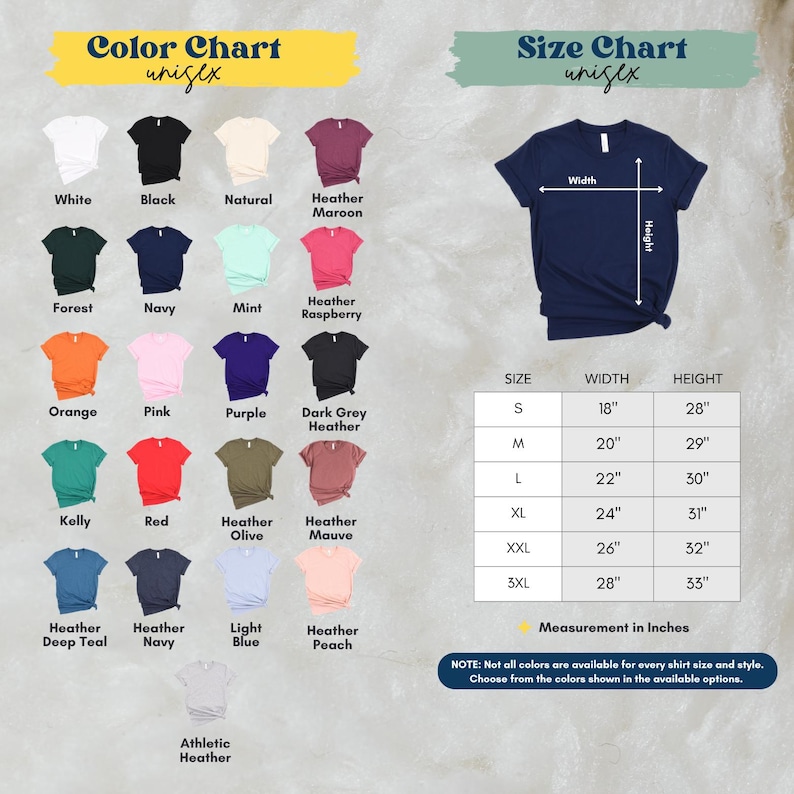 The image is a color chart and size chart for a variety of t-shirt designs, including different colors and sizes. The chart provides a visual representation of the available color options and corresponding measurements for each design.