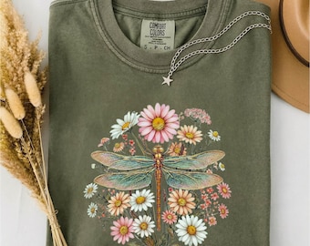 Dragonfly Shirt, Cottagecore Boho Aesthetic Tee, Botanical Shirt, Nature Lover Gift, Wildflower T-Shirt, Comfort Colors T-Shirt
