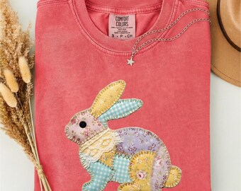 Faux Patchwork Bunny T-Shirt, Floral Bunny Tee, Cute Rabbit Shirt, Spring Bunny Shirt, Gift for Her, Comfort Colors T-Shirt