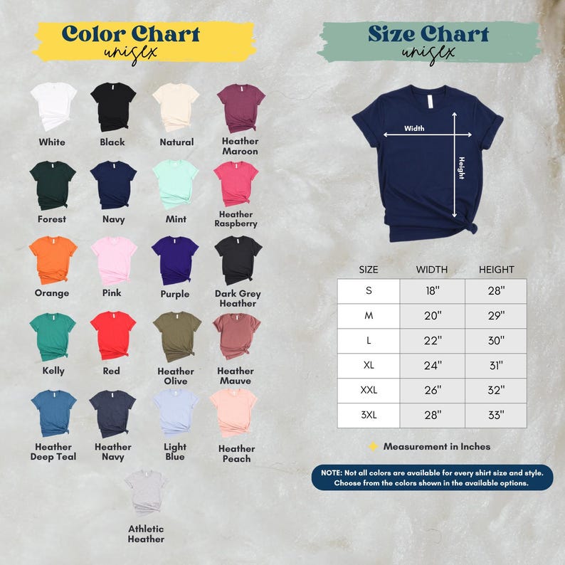 The image is a color chart and size chart for a variety of t-shirt designs, including different colors and sizes. The chart provides a visual representation of the available color options and corresponding measurements for each design.