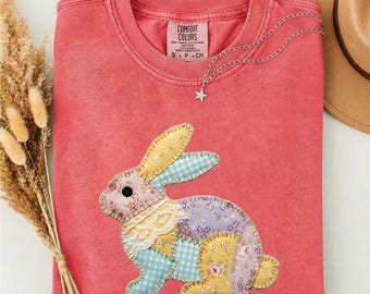 Faux Patchwork Bunny T-Shirt, Floral Bunny Tee, Cute Rabbit Shirt, Spring Bunny Shirt, Gift for Her, Comfort Colors T-Shirt