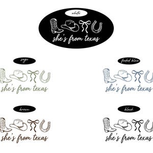 a collection of four different designs or logos, each featuring a stylized representation of cowboy-related items such as boots, hats, and horseshoes. The text "she's from Texas" is prominently displayed in each design, indicating the theme or subject of the logos.