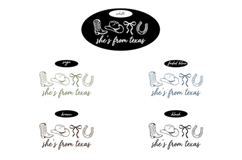 a collection of four different designs or logos, each featuring a stylized representation of cowboy-related items such as boots, hats, and horseshoes. The text "she's from Texas" is prominently displayed in each design, indicating the theme or subject of the logos.