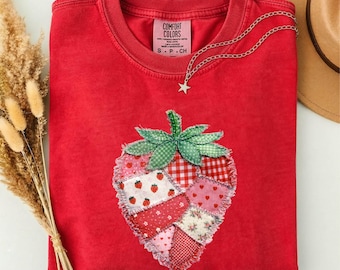 Faux Patchwork Strawberry Shirt, Summer Fruit Tee, Cute Berry Shirt, Gift for Her, Floral Cottagecore Shirt, Comfort Colors T-Shirt