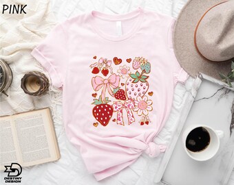 Boho Strawberry T-Shirt, Strawberry Floral Shirt, Soft Summer Fruit Tee, Botanical Sweatshirt, Strawberry Festival Gift, Coquette Bow Hoodie