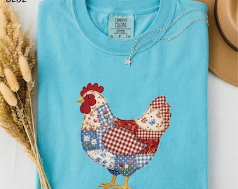Faux Patchwork Chicken Shirt, Floral Spring Chicken Tee, Farm Life Shirt, Gift for Farmer, Chicken Lover Tee,  Comfort Colors T-Shirt