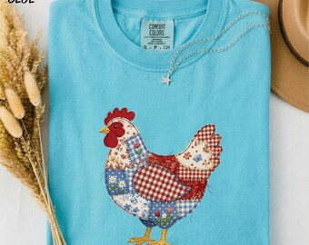Faux Patchwork Chicken Shirt, Floral Spring Chicken Tee, Farm Life Shirt, Gift for Farmer, Chicken Lover Tee,  Comfort Colors T-Shirt