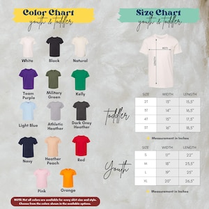 The image is a color chart and size chart for youth and toddler clothing, displaying various shirt colors and corresponding measurements for different age groups.
