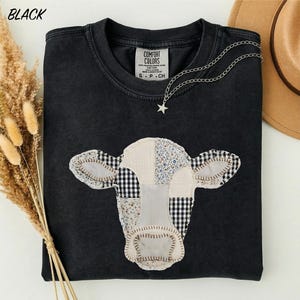 Faux Patchwork Cow T-Shirt, Farm Animal Head Tee, Cow Lover Gift, Farmer Shirt, Cottagecore Farmhouse Comfort Colors T-Shirt