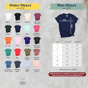 The image is a color chart and size chart for a variety of t-shirt designs, including different colors and sizes. The chart provides a visual representation of the available color options and corresponding measurements for each design.