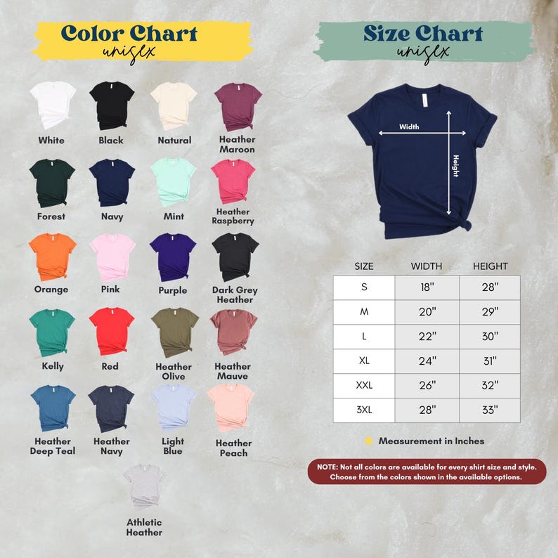 The image is a color chart and size chart for a variety of t-shirt designs, including different colors and sizes. The chart provides a visual representation of the available color options and corresponding measurements for each design.
