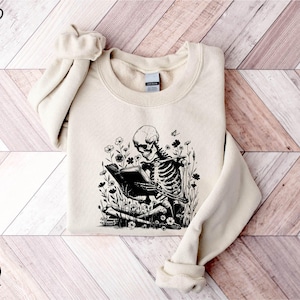 Book Reading Skeleton Sweatshirt, Gothic Skeleton T-shirt, Reading Teacher Tee, Book Lover Shirt, Wild Flower Sweater, Book Club Hoodie