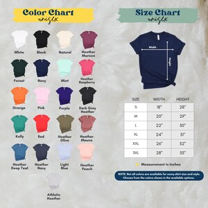The image is a color chart and size chart for a variety of t-shirt designs, including different colors and sizes. The chart provides a visual representation of the available color options and corresponding measurements for each design.
