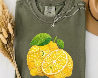 Faux Patchwork Lemon Shirt, Summer Fruit T-Shirt, Citrus Shirt, Faux Quilted Patchwork Tee, Lemon Floral Graphic Comfort Colors T-Shirt