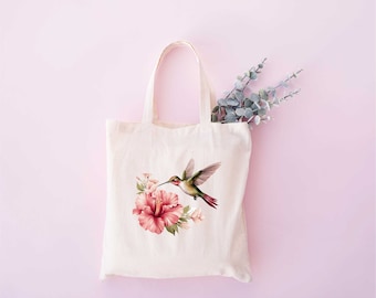 Hummingbird Tote Bag, Bird Lover Gift Bag, Bird Bag, Canvas Tote Bag, Trendy Bag, Hummingbird, Flower Tote Bag, Reusable Floral Bag, Eco Bag