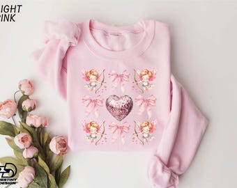 Valentine's Day Sweatshirt, Disco Heart and Coquette Bow Sweatshirt, Cute Love Shirt, Cupid Sweatshirt, Coquette Bow Shirt, Gift for Her