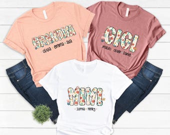 Custom Mama with Kid Names Shirt, Grandma Sweatshirt, Floral Nana T-Shirt, New Gigi Birthday Gift Tee, Personalized Floral Mimi Sweater