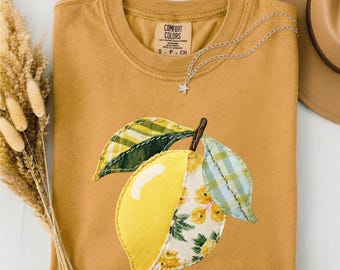 Faux Patchwork Lemon Shirt, Lemon Floral Graphic Tee, Summer Fruit T-Shirt, Citrus Shirt, Faux Quilted Patchwork Comfort Colors T-Shirt