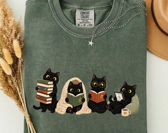 Black Cat Reading Shirt, Book Lover Cat Tee, Cute Bookish Cat T-Shirt, Cozy Reading Graphic Tee, Librarian Gift, Cat Mom Shirt
