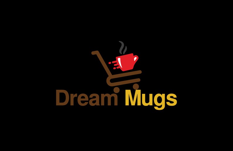 May include: A brown shopping cart with a red coffee mug with steam coming out of it. The text "Dream Mugs" is below the cart in brown and yellow.