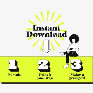 K&ouml;nnte beinhalten: Eine gelbe Grafik mit schwarzem Text, der "Sofort-Download" lautet, mit einem gelben Sonnenstrahl hinter dem Text und einem schwarzen Pfeil, der nach unten zeigt. Unter dem Text befindet sich ein gelbes Rechteck mit drei schwarzen Zahlen, 1, 2 und 3. Jede Zahl hat eine schwarze Beschreibung darunter. Nummer 1 lautet "Keine Wartezeit.", Nummer 2 lautet "Drucken Sie es nach Ihren W&uuml;nschen.", und Nummer 3 lautet "Macht ein tolles Geschenk!" Eine Schwarzwei&szlig;illustration einer Person, die auf dem Rechteck sitzt, befindet sich rechts neben den Zahlen.
