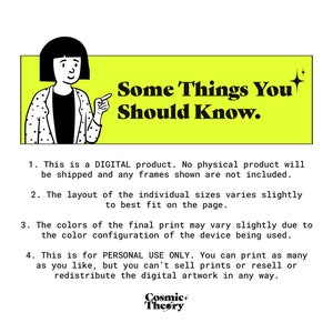 K&ouml;nnte beinhalten: Eine gelbe und schwarze Illustration einer Person, die auf einen Text zeigt, der "Some Things You Should Know." lautet. Der Text unter der Illustration erkl&auml;rt, dass es sich um ein digitales Produkt handelt und dass kein physisches Produkt versandt wird. Der Text erkl&auml;rt auch, dass das Layout der einzelnen Gr&ouml;&szlig;en leicht variiert, um optimal auf die Seite zu passen. Der Text erkl&auml;rt auch, dass die Farben des endg&uuml;ltigen Drucks aufgrund der Farbkonfiguration des verwendeten Ger&auml;ts leicht abweichen k&ouml;nnen. Der Text erkl&auml;rt auch, dass das Produkt nur f&uuml;r den pers&ouml;nlichen Gebrauch bestimmt ist und dass der K&auml;ufer keine Drucke verkaufen, weiterverkaufen oder die digitalen Kunstwerke in irgendeiner Weise weitergeben darf.