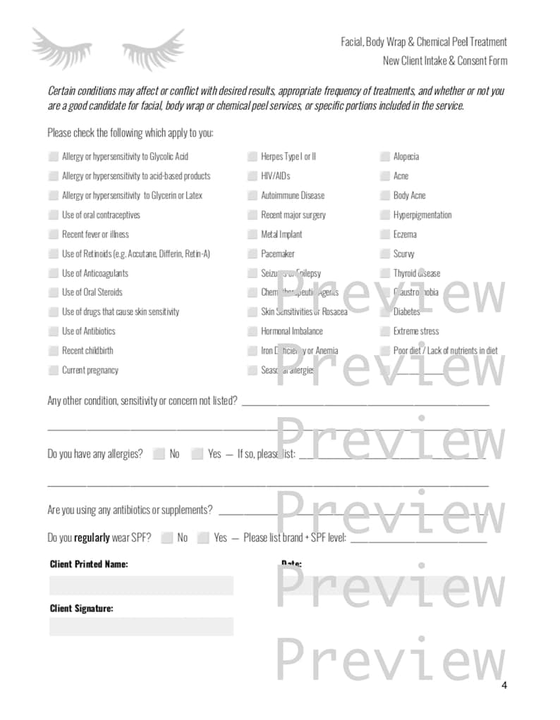 Facial, Body Wrap & Chemical Peel New Client Intake Form for ...
