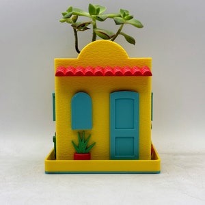 May include: A yellow, house-shaped planter with a red roof and teal door and window. A small succulent plant grows from the top. A small green plant in a red pot sits in front of the planter.