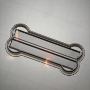 May include: A silver metal bone-shaped cookie cutter. The cutter has a smooth, shiny surface and a slightly rounded edge.