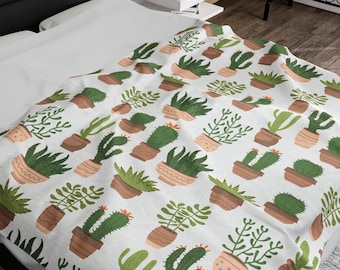 Succulent Plant Velveteen Plush Blanket - Warm Fuzzy Cactus Throw Blanket, Cacti Snake Plant Aloe Cozy Blanket gift for her