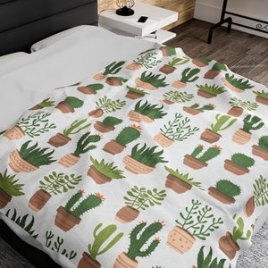 Succulent Plant Velveteen Plush Blanket - Warm Fuzzy Cactus Throw Blanket, Cacti Snake Plant Aloe Cozy Blanket gift for her