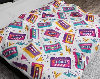 90s Retro Cassette Tape Blanket - Warm Fuzzy Millennial Nostalgia Geometric Colorful Cozy Blanket Gift for Mom