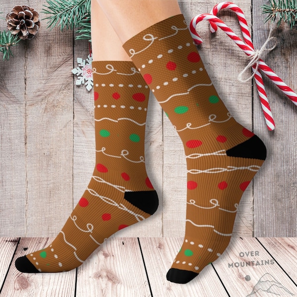 Christmas Gingerbread Socks - Xmas Gift Apparel, Ginger bread icing and gumdrops