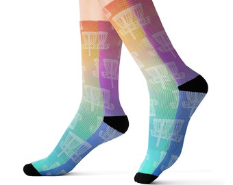 Rainbow Disc Golf Socks, Frisbee Basket Pattern