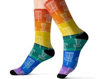 Rainbow Pride Disc Golf Socks, Frisbee Basket Pattern - Disc golfer Gift