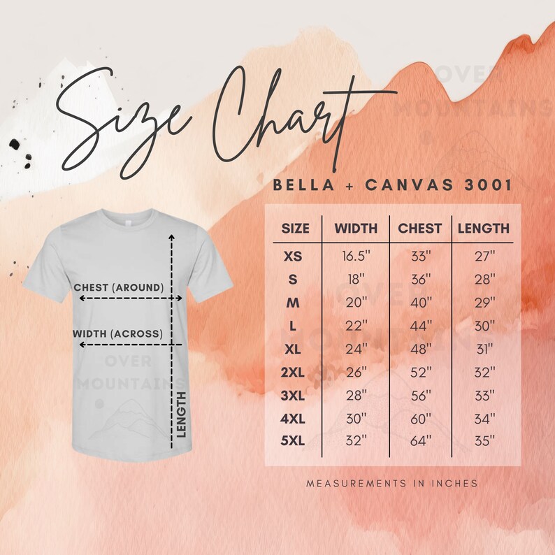Peut inclure: Tableau des tailles pour les t-shirts Bella + Canvas 3001, indiquant les mesures en pouces pour la poitrine, la largeur et la longueur pour les tailles XS &agrave; 5XL.