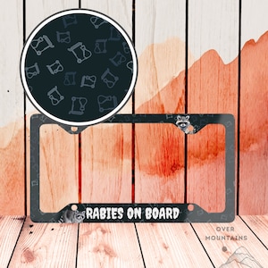 Funny License Plate Frame - Rabies on Board - Unique Car Accessory gift for Raccoon Lover